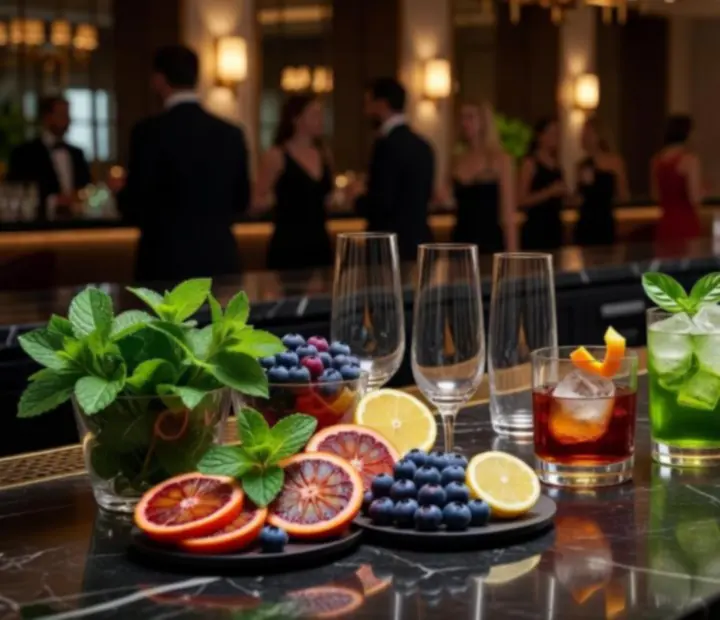 Elegancki bar koktajlowy z wyszukanymi drinkami podczas luksusowego eventu