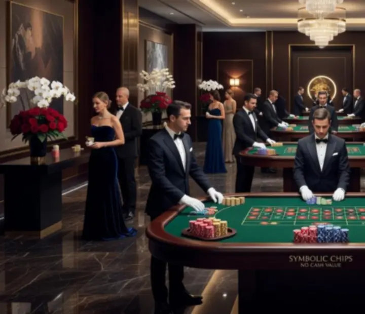 Elegancka sala eventowa z profesjonalnie przygotowanymi stołami do pokera i roulette, otoczona nastrojowym światłem.
