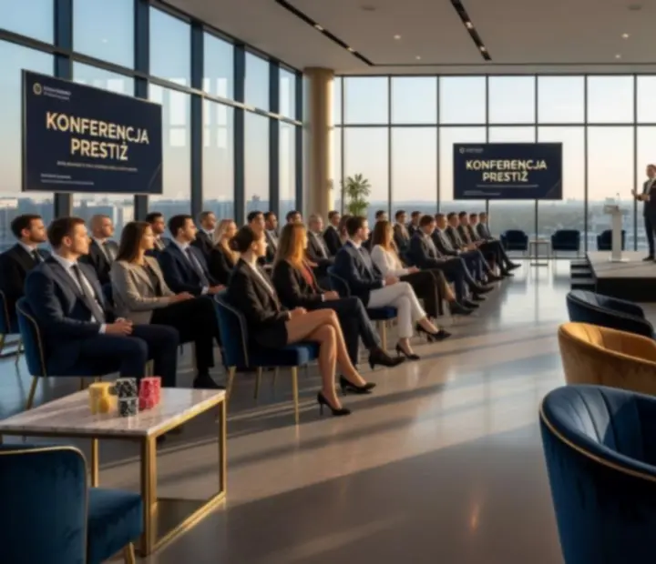 Konferencja biznesowa w luksusowej sali z dopracowaną oprawą wizualną