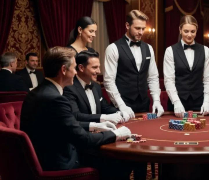 Eleganccy krupierzy prowadzący wieczór pokerowy podczas luksusowego eventu