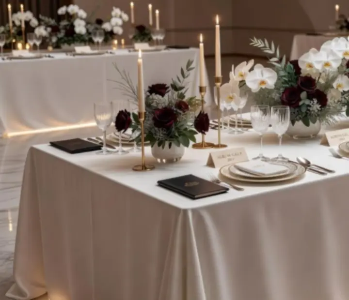 Luksusowy wystrój stołów z kwiatami i detalami świetlnymi podczas eleganckiego eventu