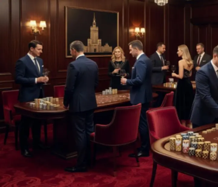 Goście podczas wieczoru networkingowego przy eleganckich stołach do gry