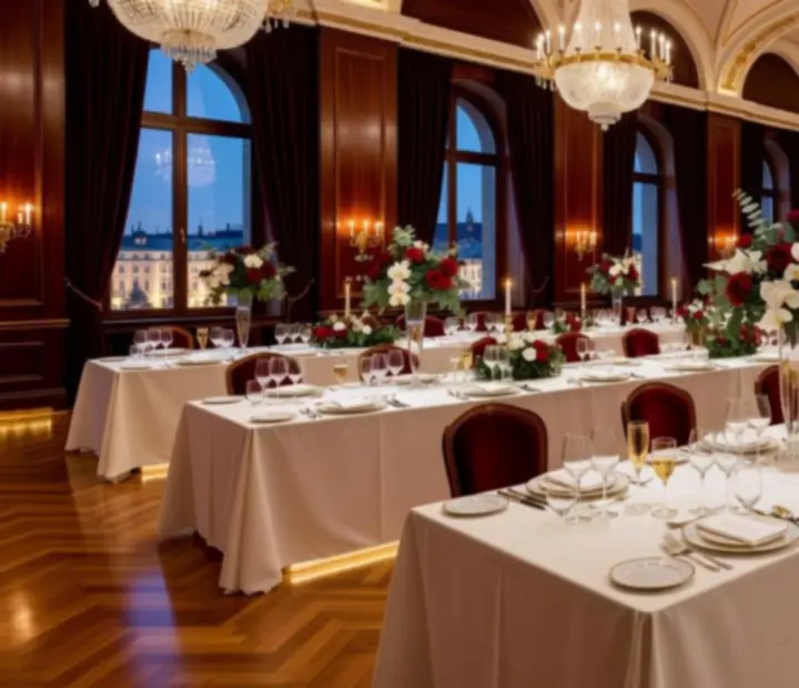 Prestiżowa, elegancka sala eventowa przygotowana na luksusowe wydarzenie
