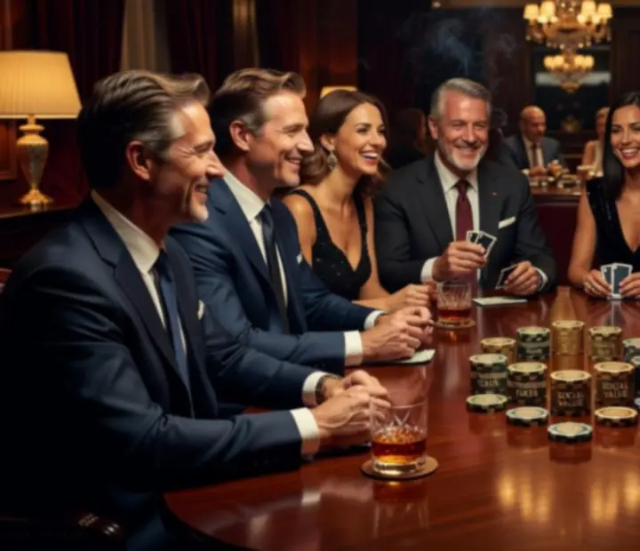 Goście podczas eleganckiego wieczoru pokerowego z symbolicznymi żetonami i uśmiechem przy stołach