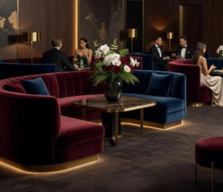 Luksusowa strefa lounge VIP z eleganckimi sofami i nastrojowym oświetleniem